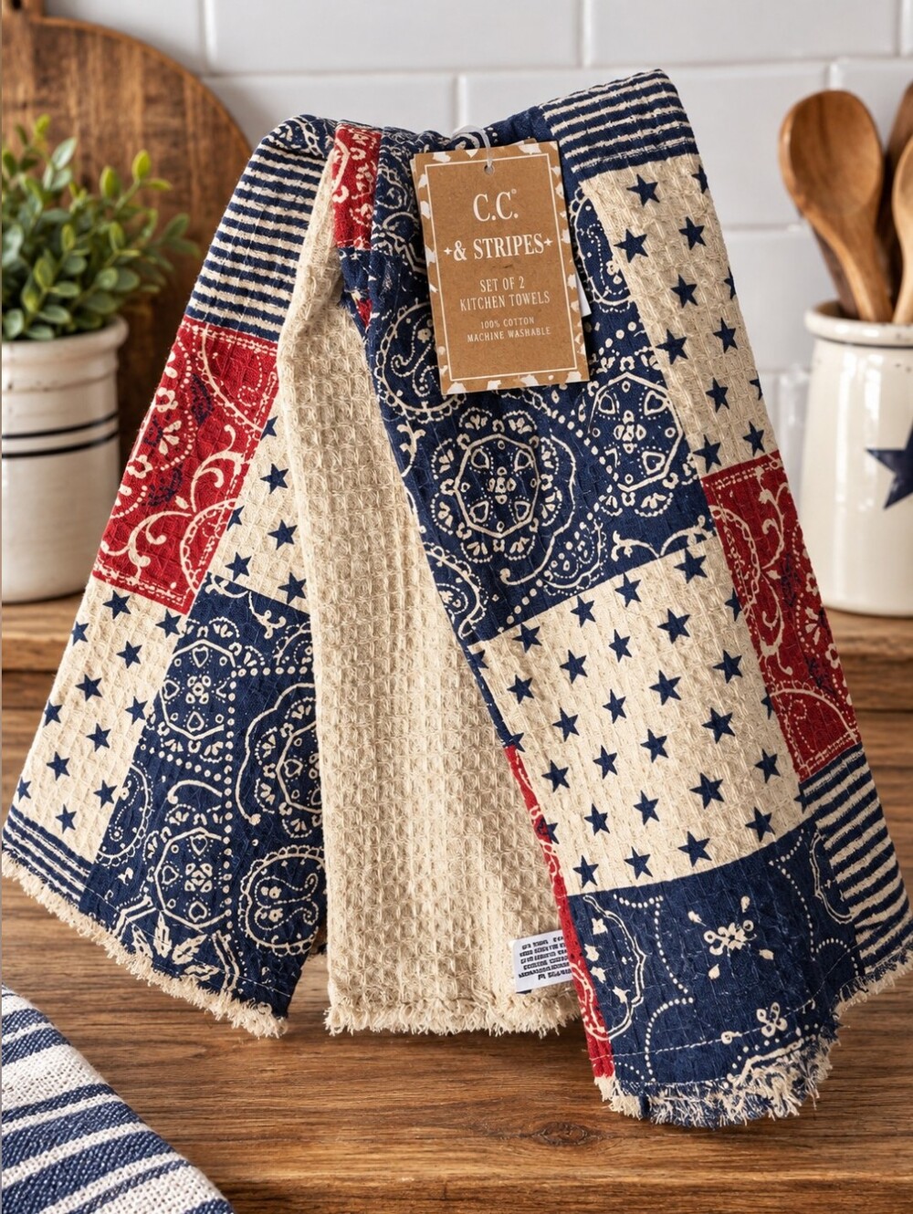 C.C. Patriotic Patchwork Red, White & Blue Kitchen Towels - Set of 2
